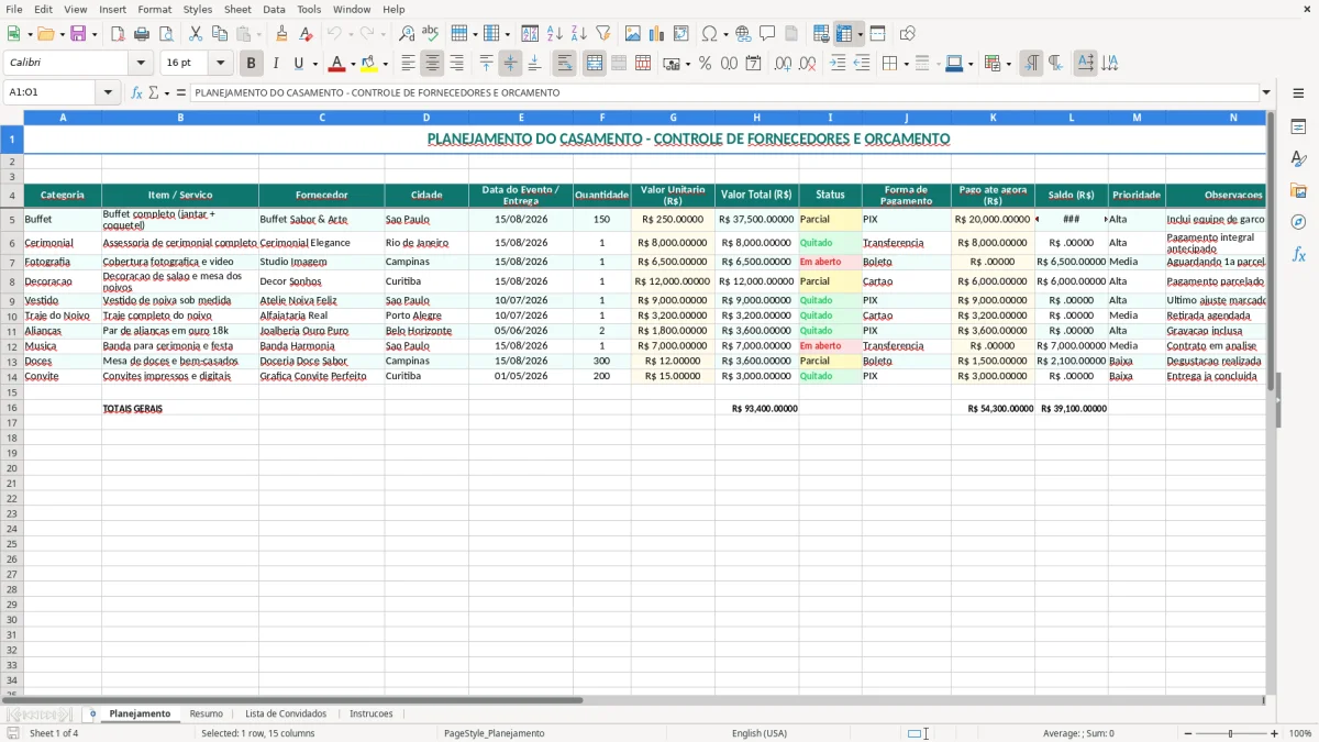 Captura 1: aba Planejamento - Planilha Excel casamento