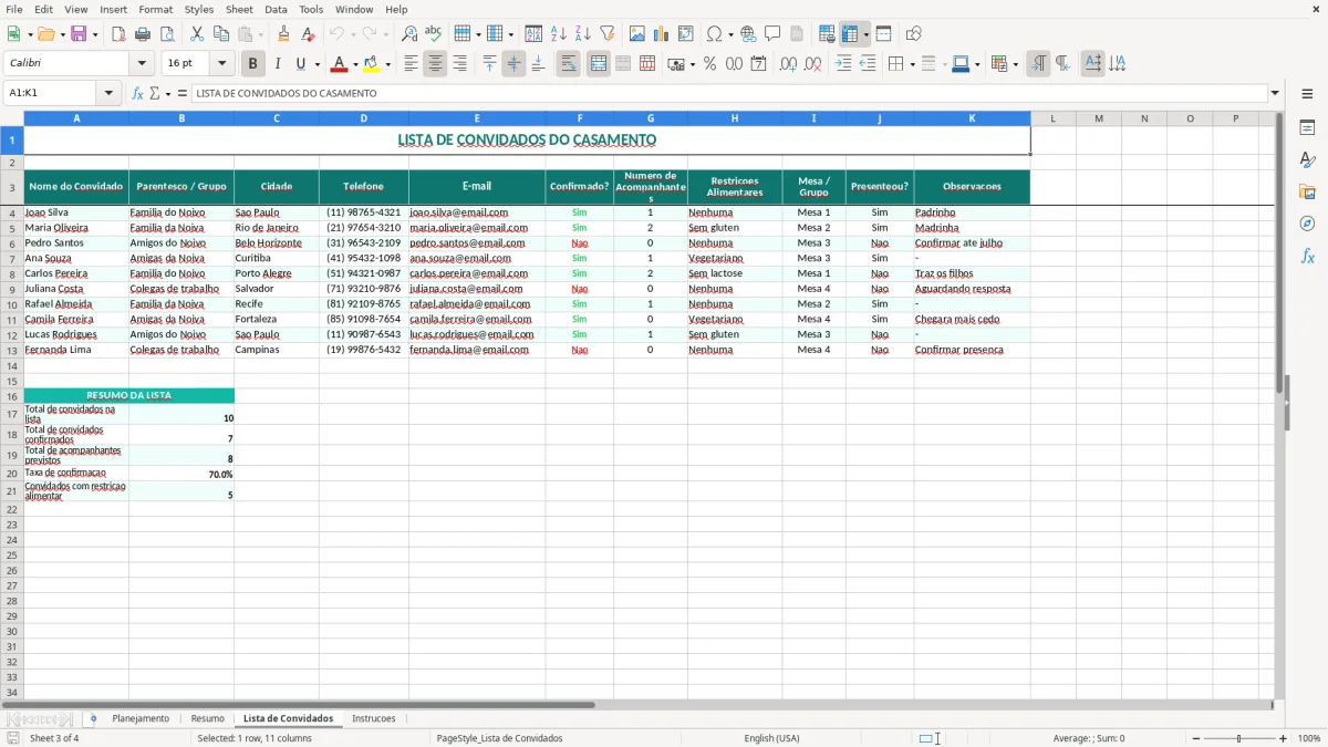 Captura 3: aba Lista de Convidados - Planilha Excel casamento