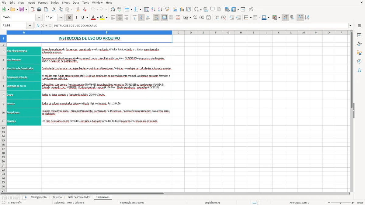 Captura 4: aba Instrucoes - Planilha Excel casamento