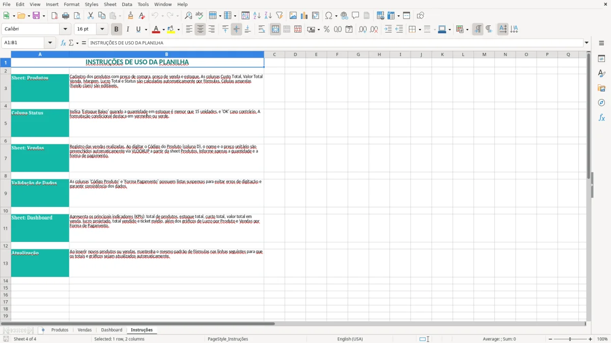 Captura 4: aba Instruções - Planilha Excel compra e venda de produtos