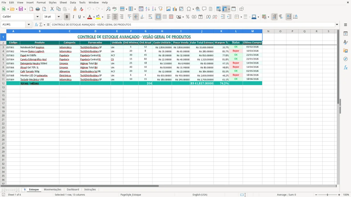 Captura 1: aba Estoque - Planilha Excel controle de estoque avancado