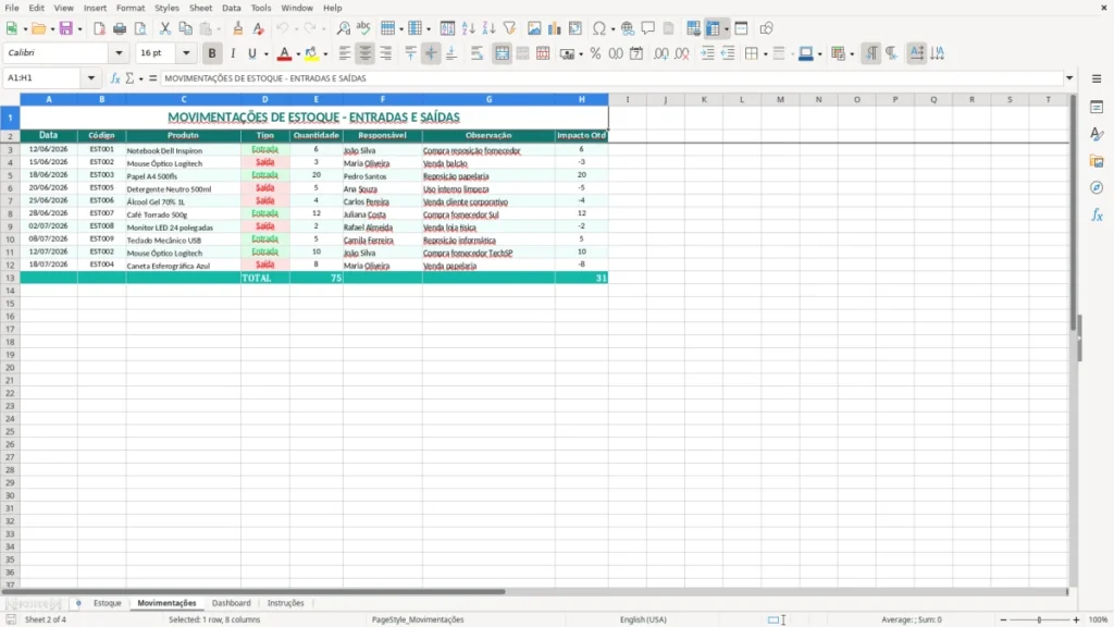 Movimentações – Estoque Avançado Excel – Planilha Grátis (2026)