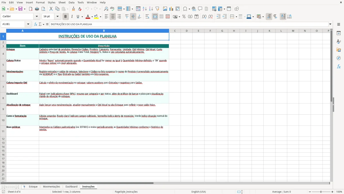 Captura 4: aba Instruções - Planilha Excel controle de estoque avancado