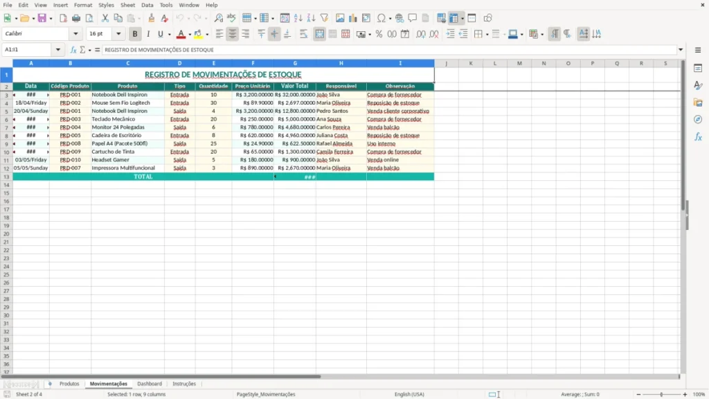 Movimentações – Controle de estoque Excel – Planilha grátis (2026)