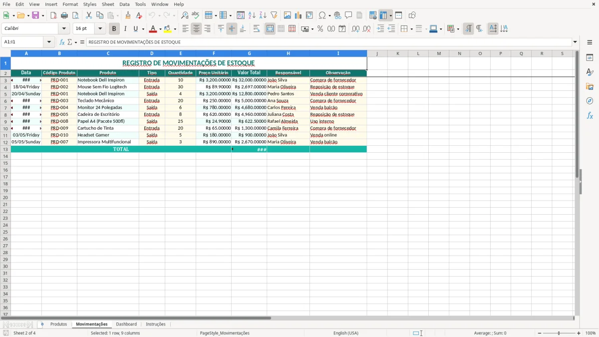 Captura 2: aba Movimentações - Planilha Excel controle de estoque entrada e saida