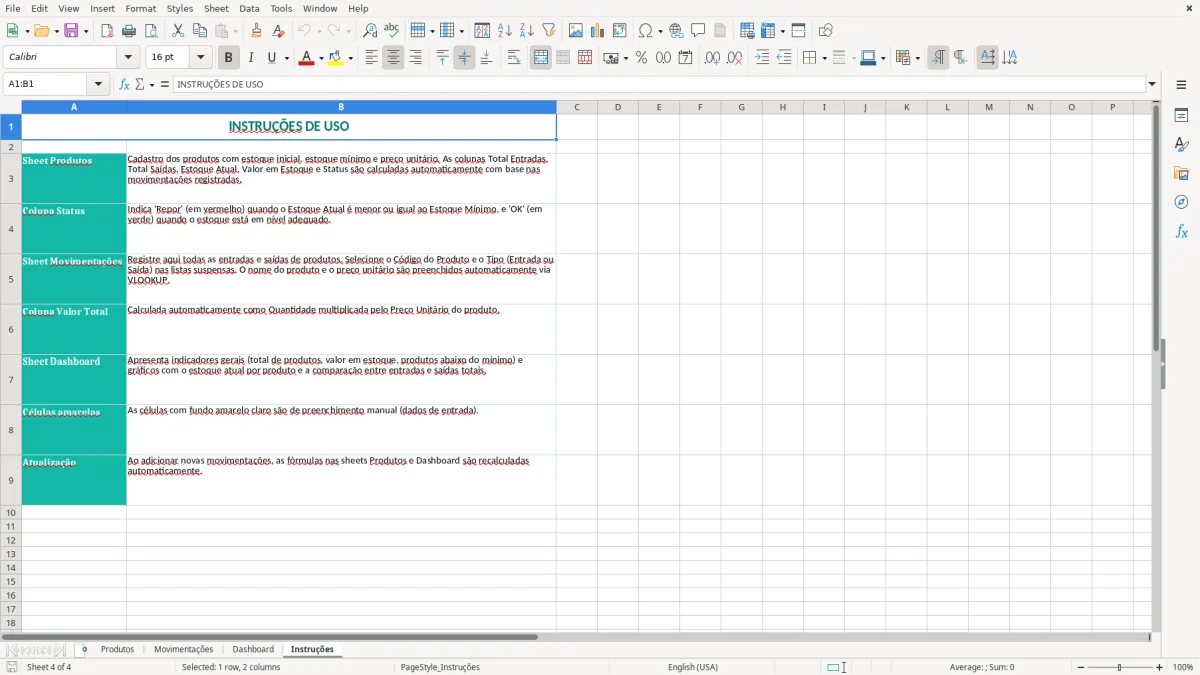 Captura 4: aba Instruções - Planilha Excel controle de estoque entrada e saida