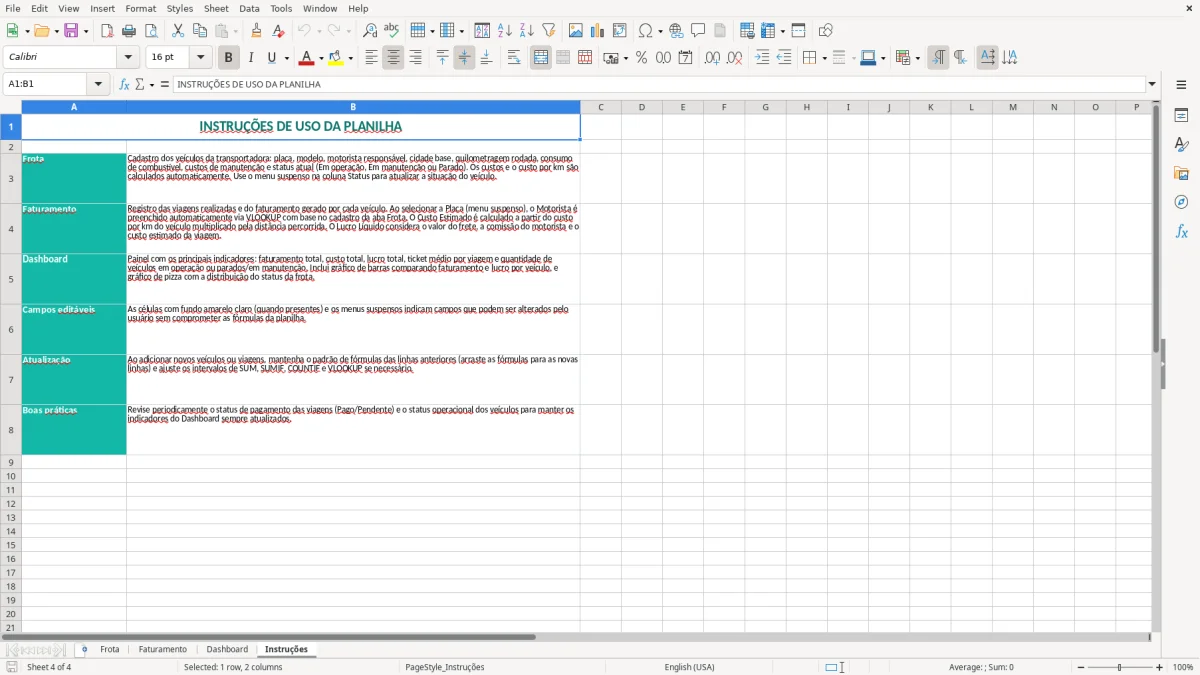Captura 4: aba Instruções - Planilha Excel controle de frota de veiculos com faturamento transportadora