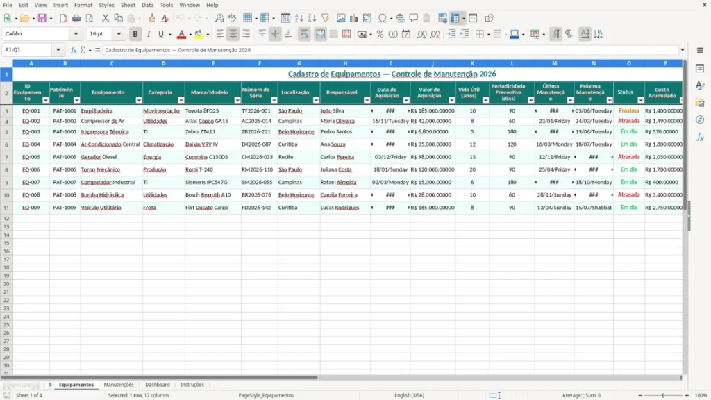 Equipamentos – Controle de Manutenção de Equipamentos Excel