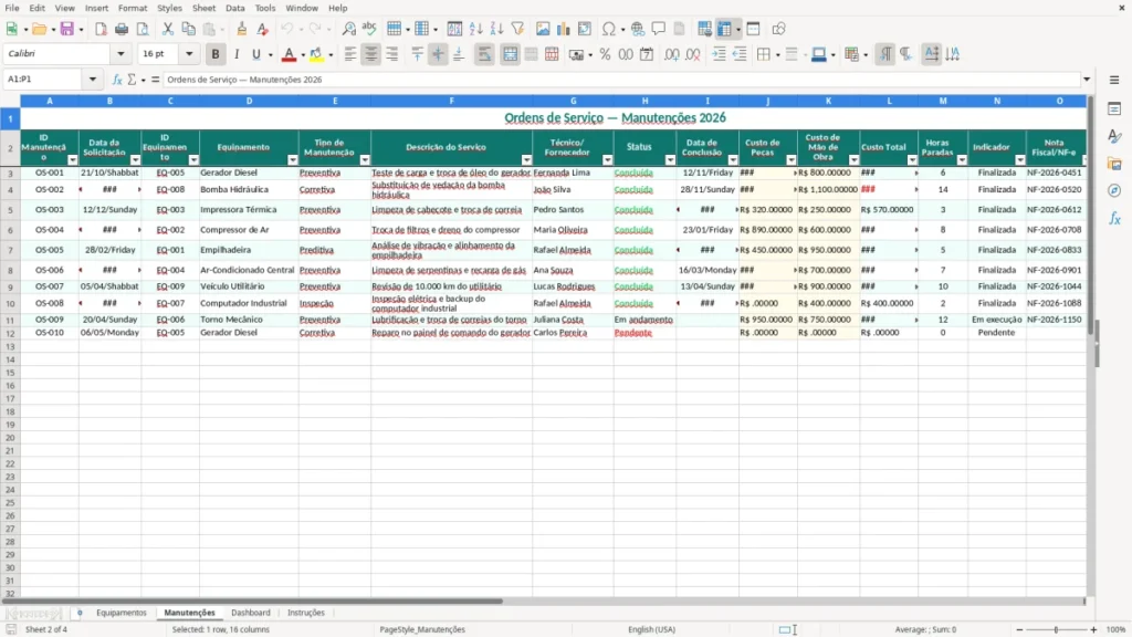 Manutenções – Controle de Manutenção de Equipamentos Excel