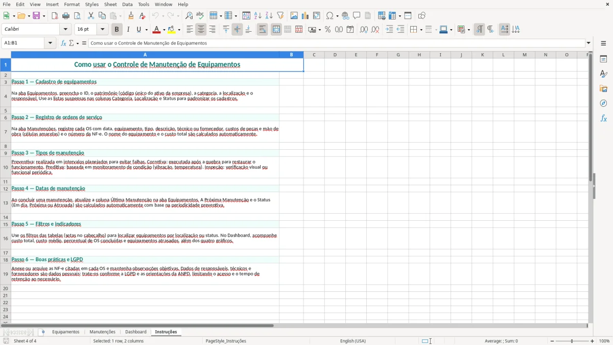 Captura 4: aba Instruções - Planilha Excel controle de manutencao de equipamentos