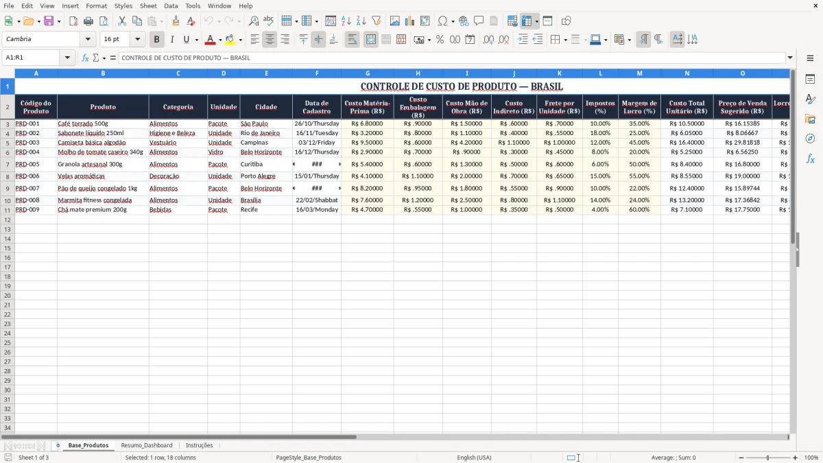 Captura 1: aba Base_Produtos - Planilha Excel custo de produto