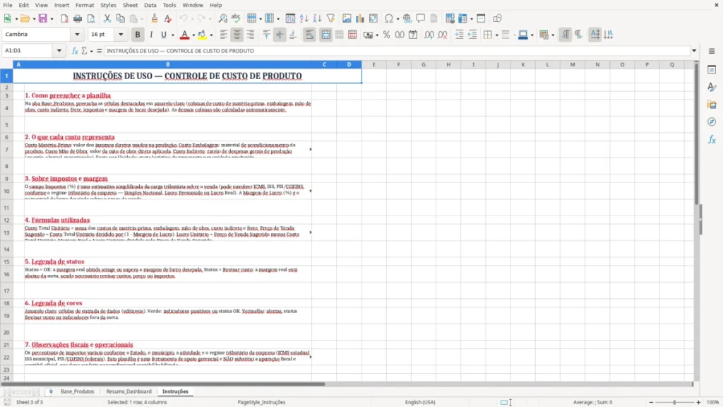 Instruções – Custo de Produto Excel – Planilha Grátis (2026)