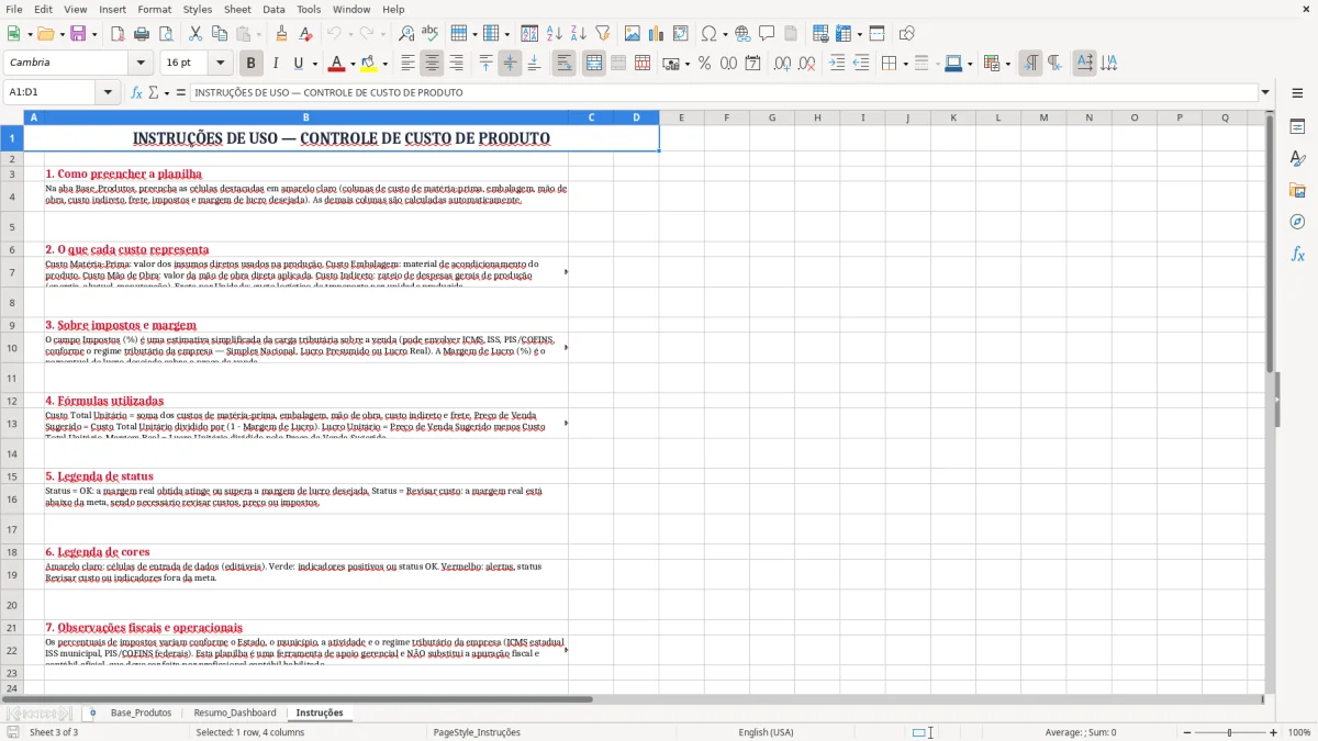 Captura 3: aba Instruções - Planilha Excel custo de produto