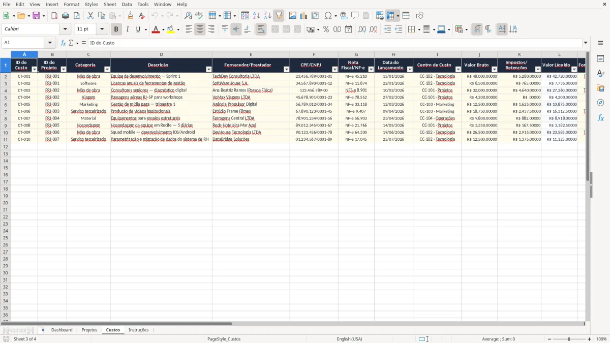 Captura 3: aba Custos - Planilha Excel custos de projetos