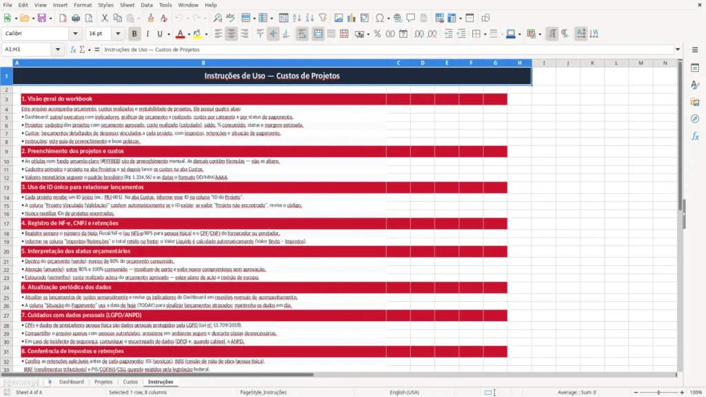 Instruções – Custos de Projetos em Excel
