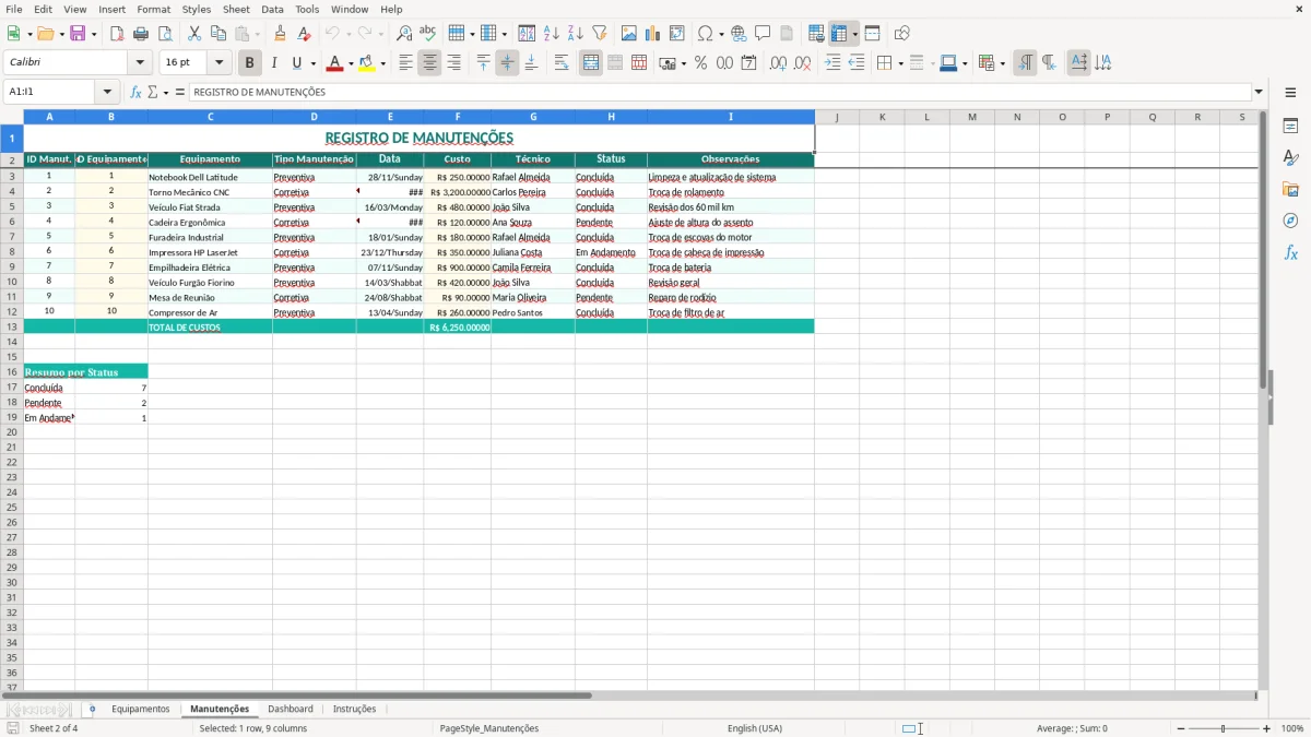 Captura 2: aba Manutenções - Planilha Excel equipamentos