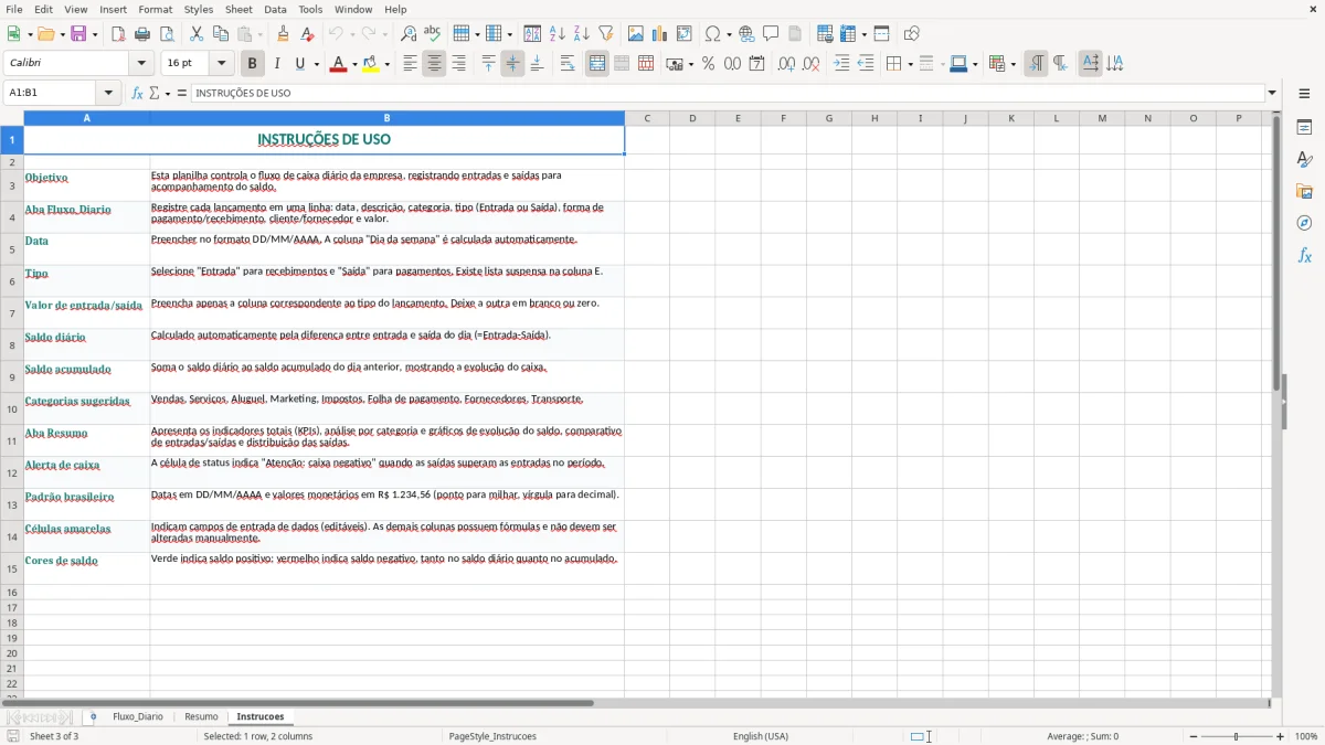 Captura 3: aba Instrucoes - Planilha Excel fluxo de caixa diario