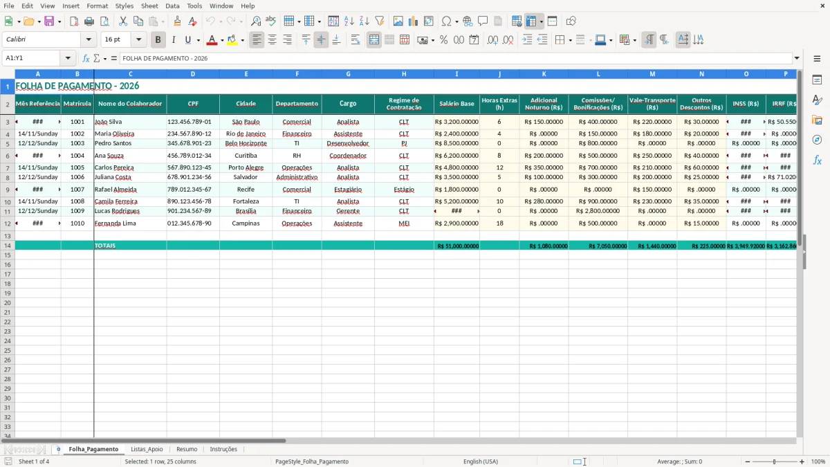 Captura 1: aba Folha_Pagamento - Planilha Excel folha de pagamento
