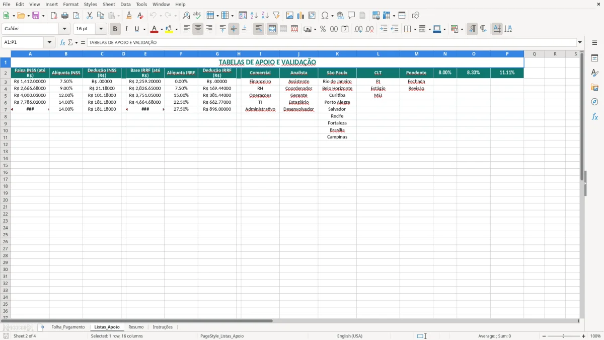 Captura 2: aba Listas_Apoio - Planilha Excel folha de pagamento