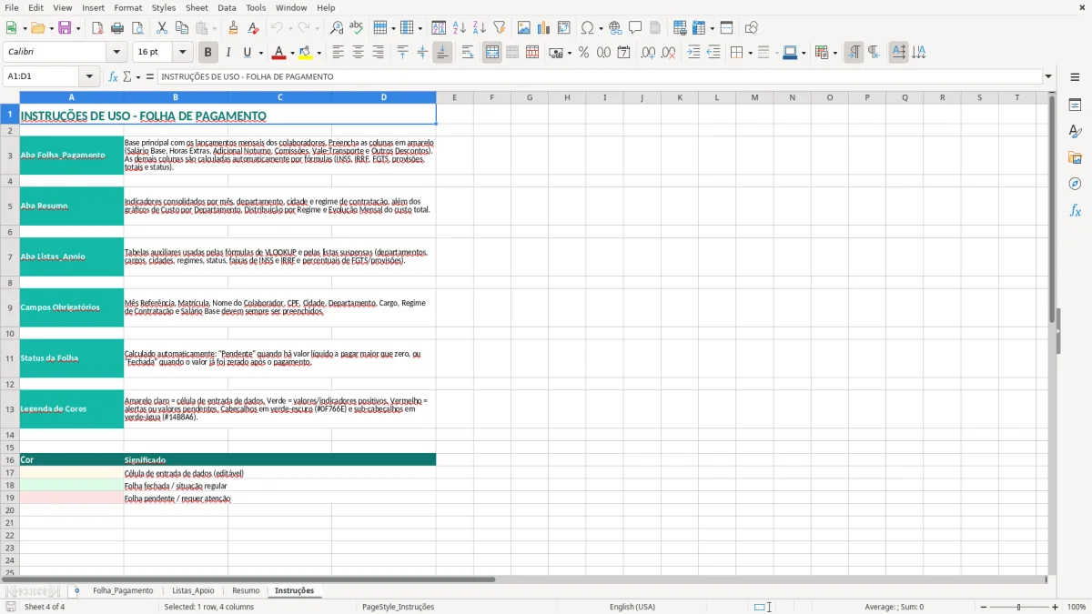 Captura 4: aba Instruções - Planilha Excel folha de pagamento