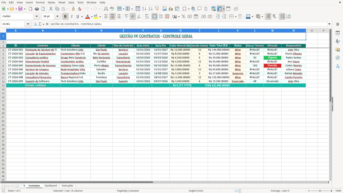 Captura 1: aba Contratos - Planilha Excel gestao de contratos