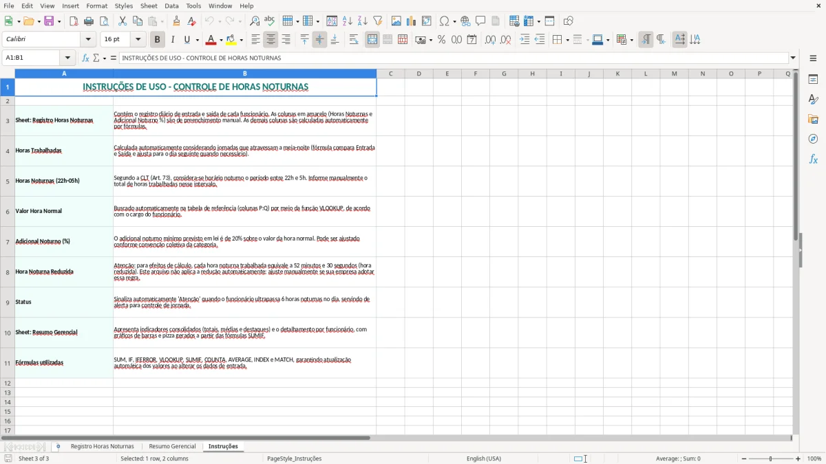 Captura 3: aba Instruções - Planilha Excel horas noturnas