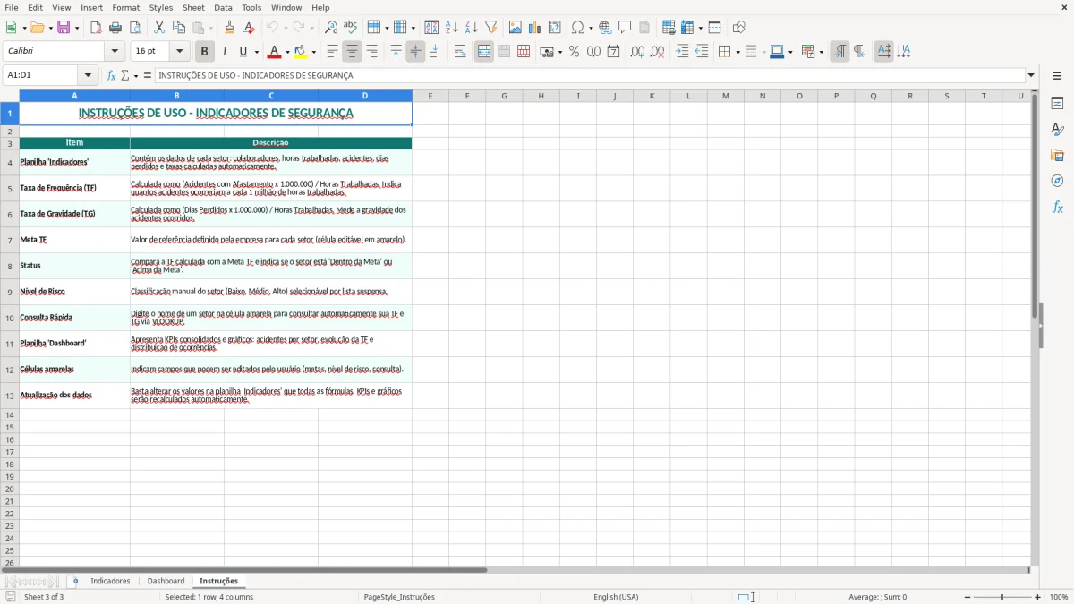 Captura 3: aba Instruções - Planilha Excel indicadores de seguranca no trabalho