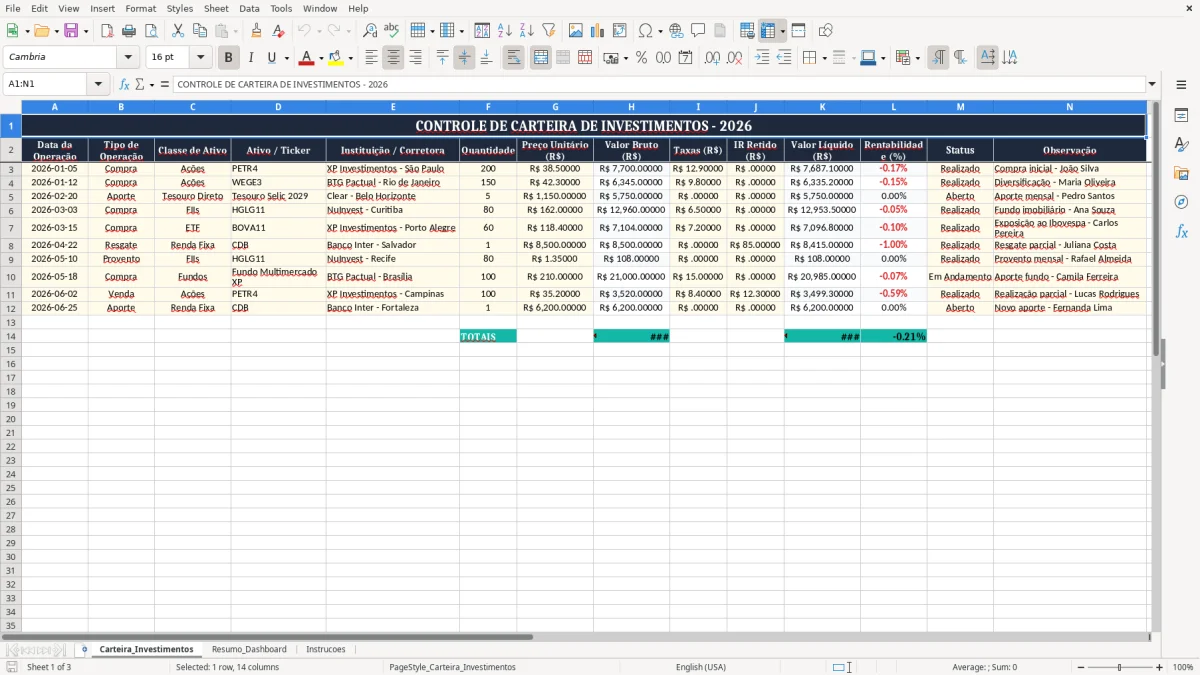Captura 1: aba Carteira_Investimentos - Planilha Excel investimentos