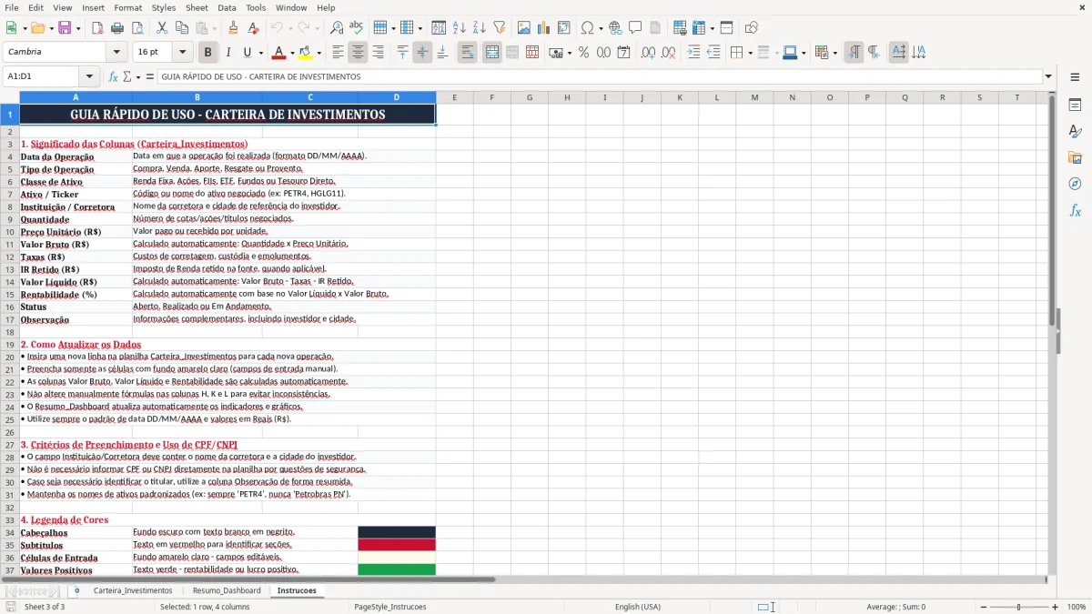 Captura 3: aba Instrucoes - Planilha Excel investimentos