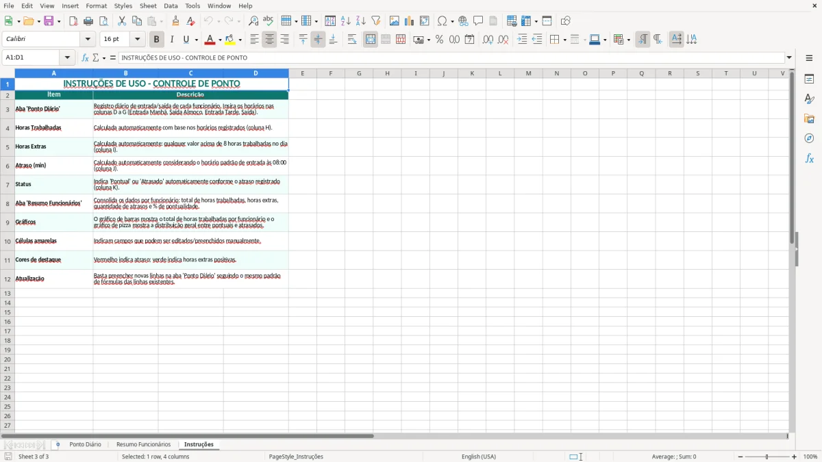 Captura 3: aba Instruções - Planilha Excel ponto de funcionarios