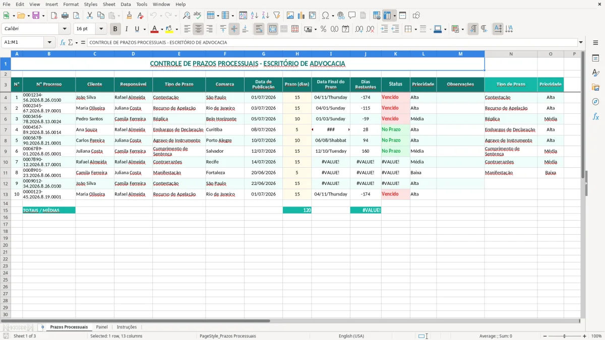 Captura 1: aba Prazos Processuais - Planilha Excel prazos processuais