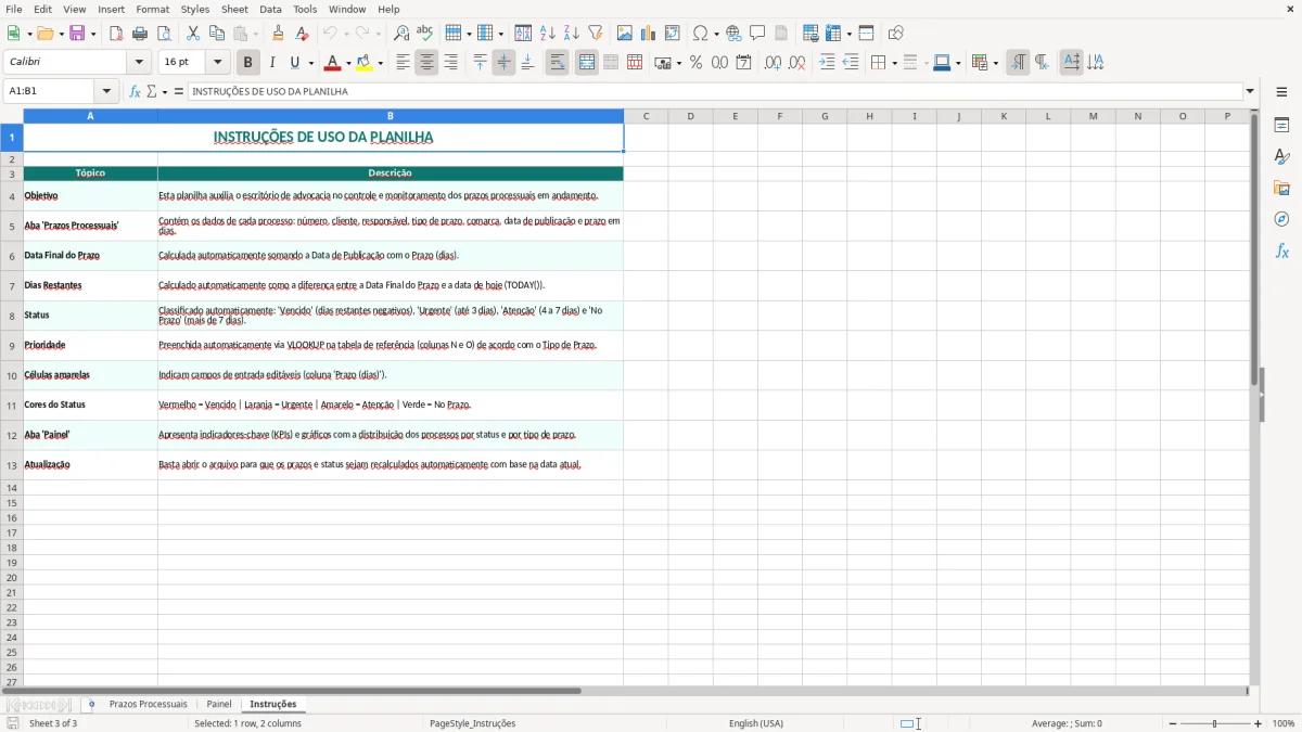 Captura 3: aba Instruções - Planilha Excel prazos processuais