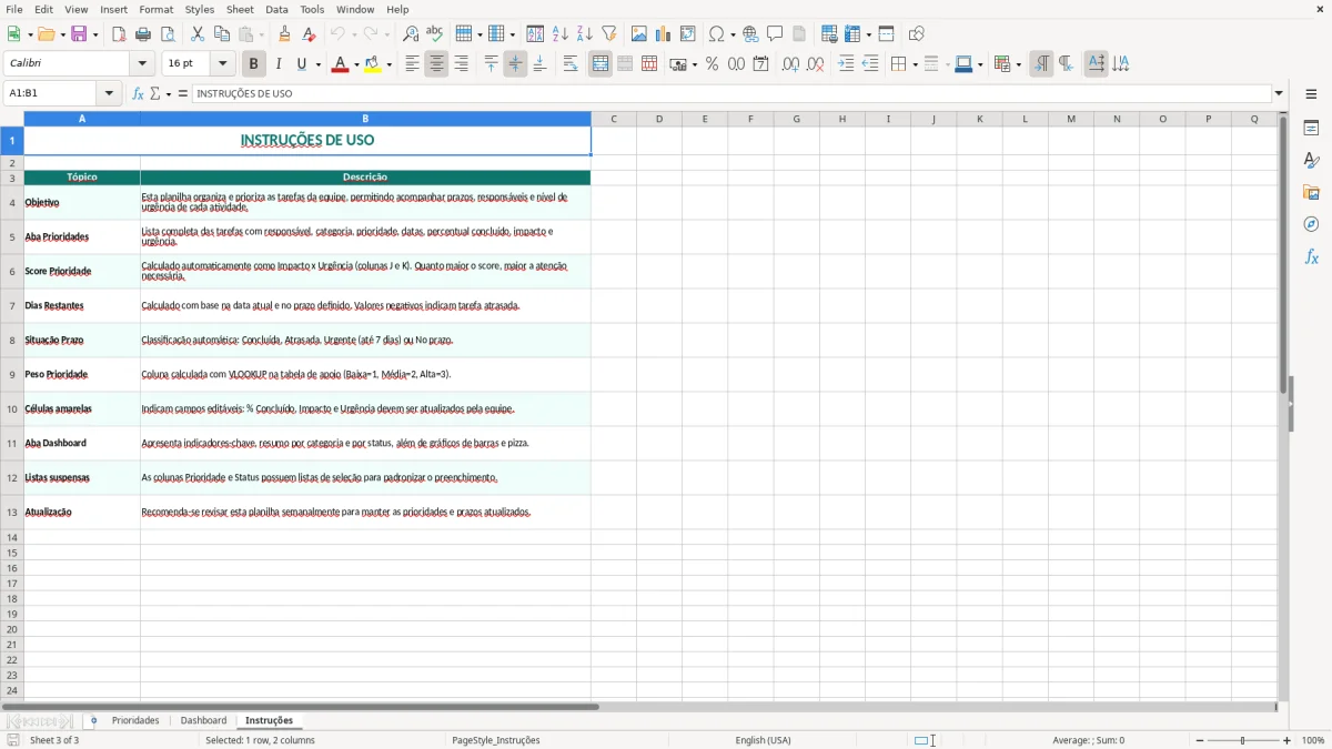 Captura 3: aba Instruções - Planilha Excel prioridades