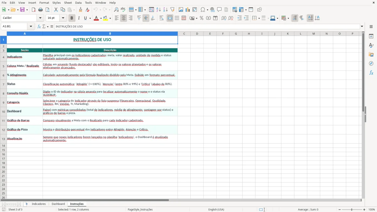 Captura 3: aba Instruções - Planilha Excel sistema de gestao de indicadores e metas
