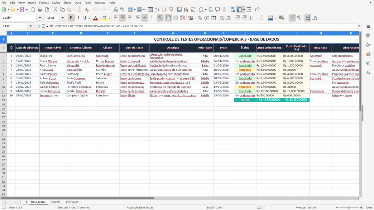 Captura 1: aba Base_Testes - Planilha Excel teste de