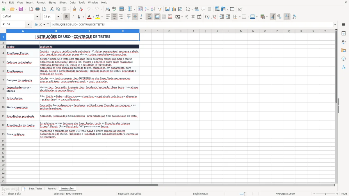 Captura 3: aba Instruções - Planilha Excel teste de