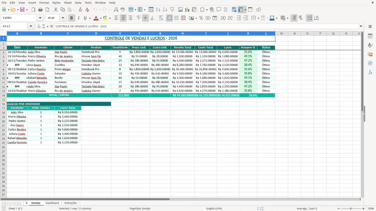 Captura 1: aba Vendas - Planilha Excel vendas e lucros