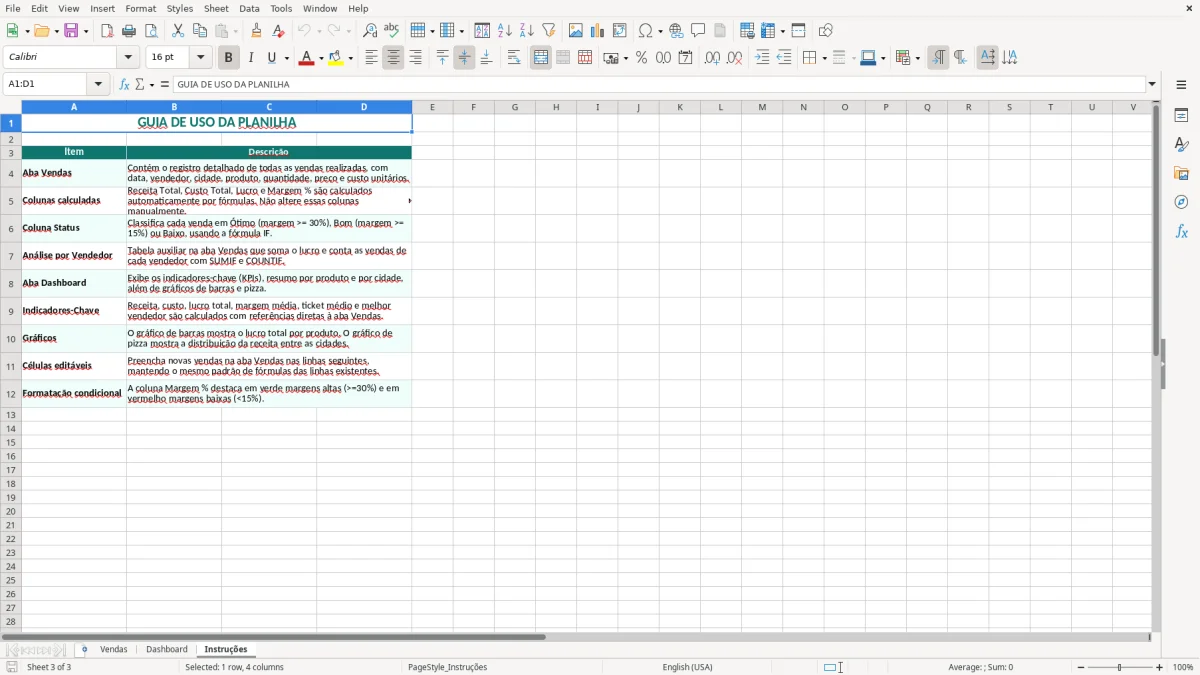 Captura 3: aba Instruções - Planilha Excel vendas e lucros
