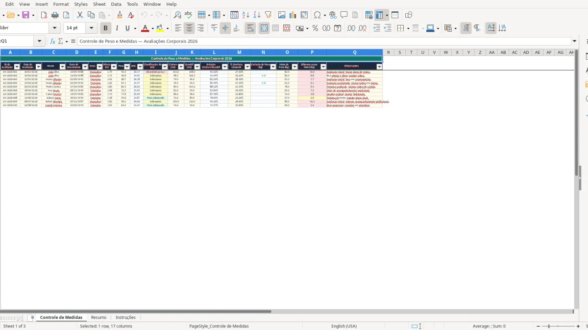 Screenshot 1: Controle de Medidas tab - Excel template controle de peso e medidas
