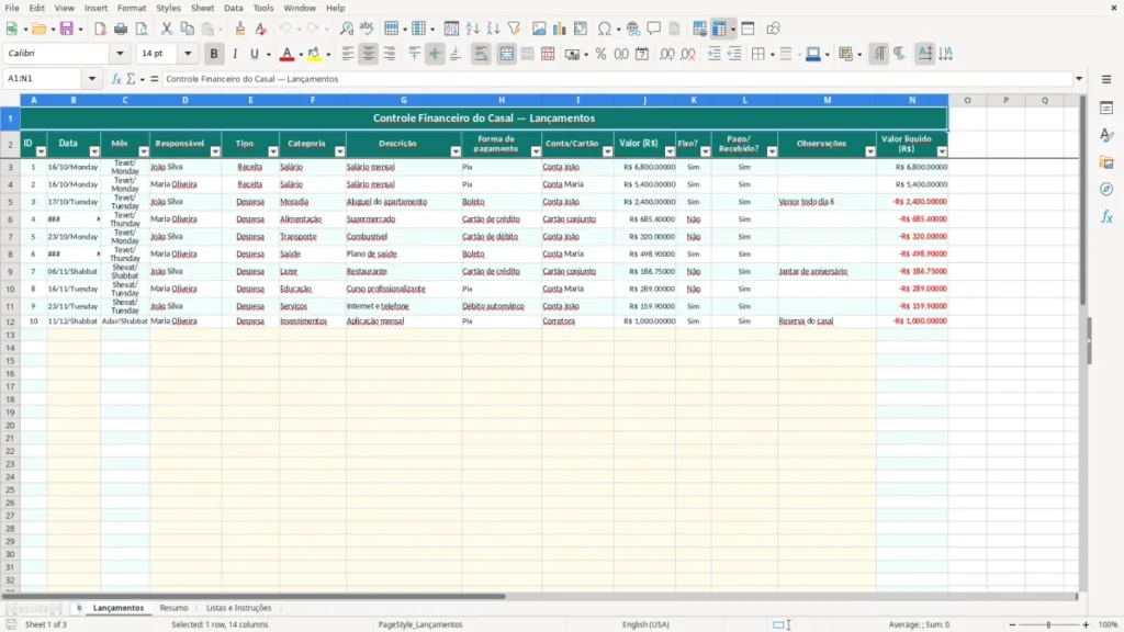 Lançamentos – Controle Financeiro de Casal no Excel