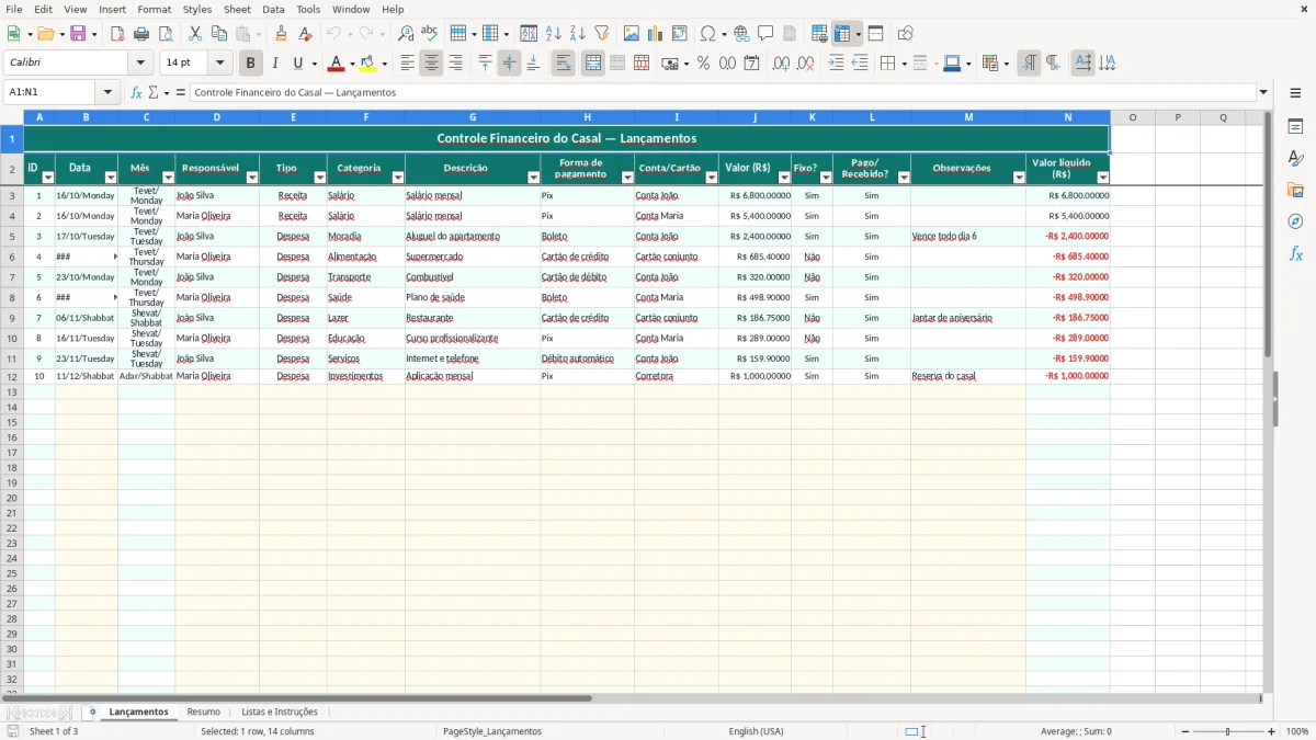 Captura 1: aba Lançamentos - Planilha Excel controle financeiro casal