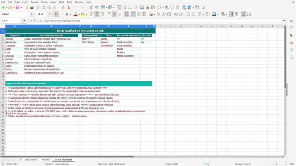 Listas e Instruções – Controle Financeiro de Casal no Excel