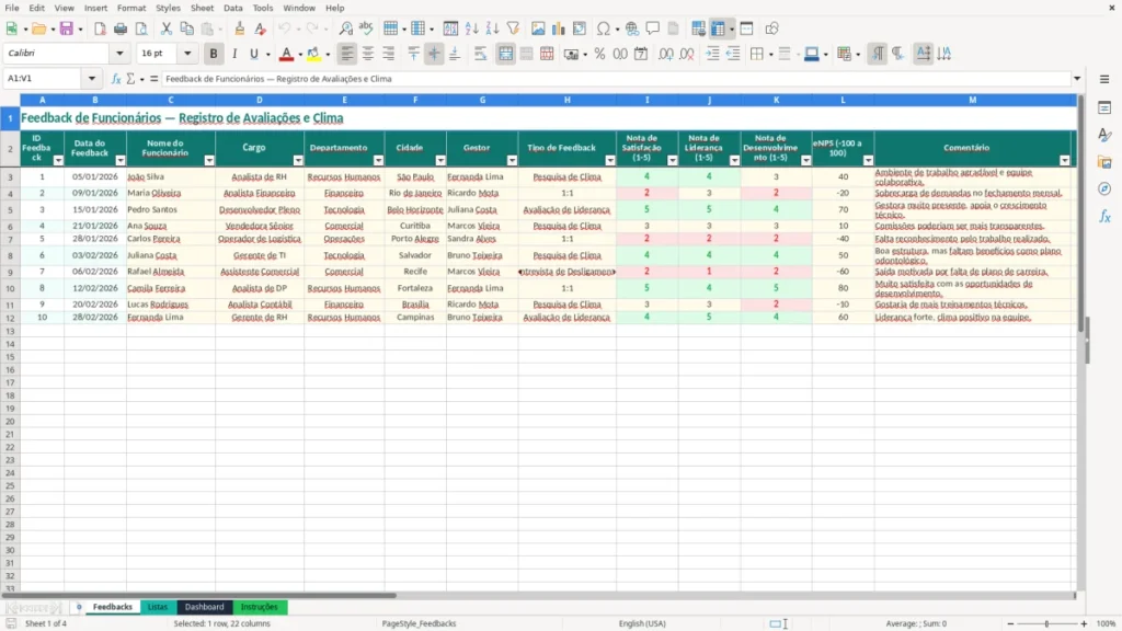 Feedbacks – Planilha de Feedback de Funcionários