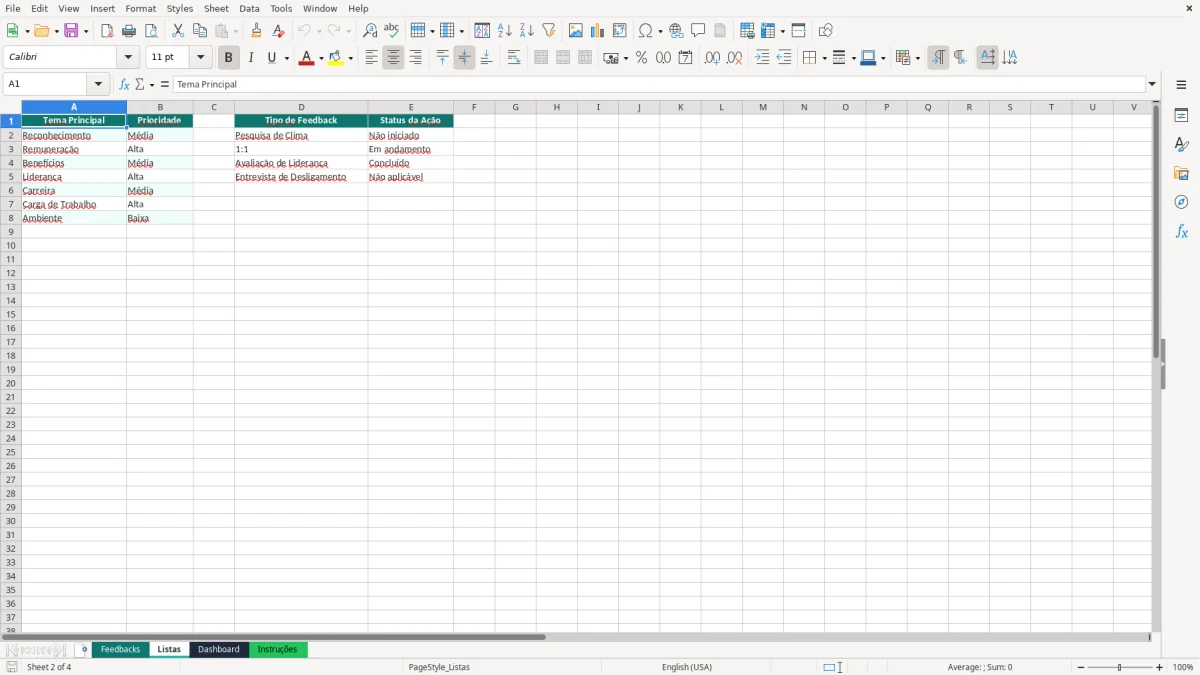 Captura 2: aba Listas - Planilha Excel feedback de funcionarios