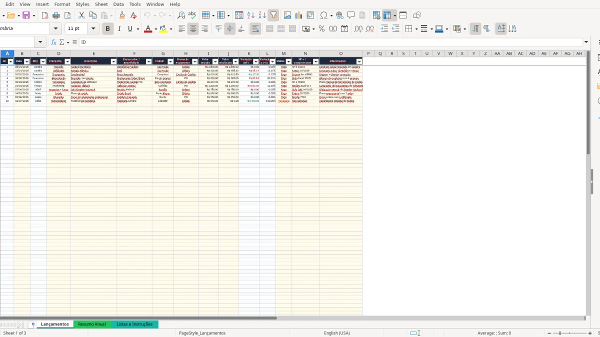 Screenshot 1: Lançamentos tab - Excel template gastos anual