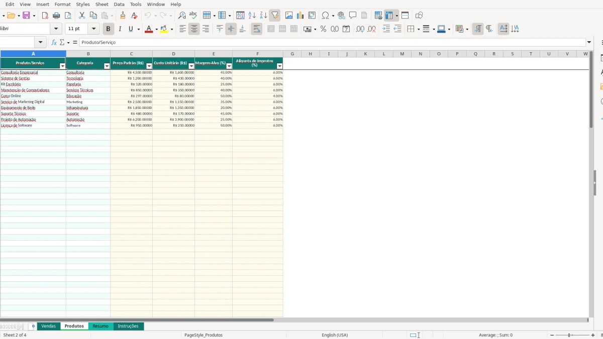 Screenshot 2: Produtos tab - Excel template margem de lucro