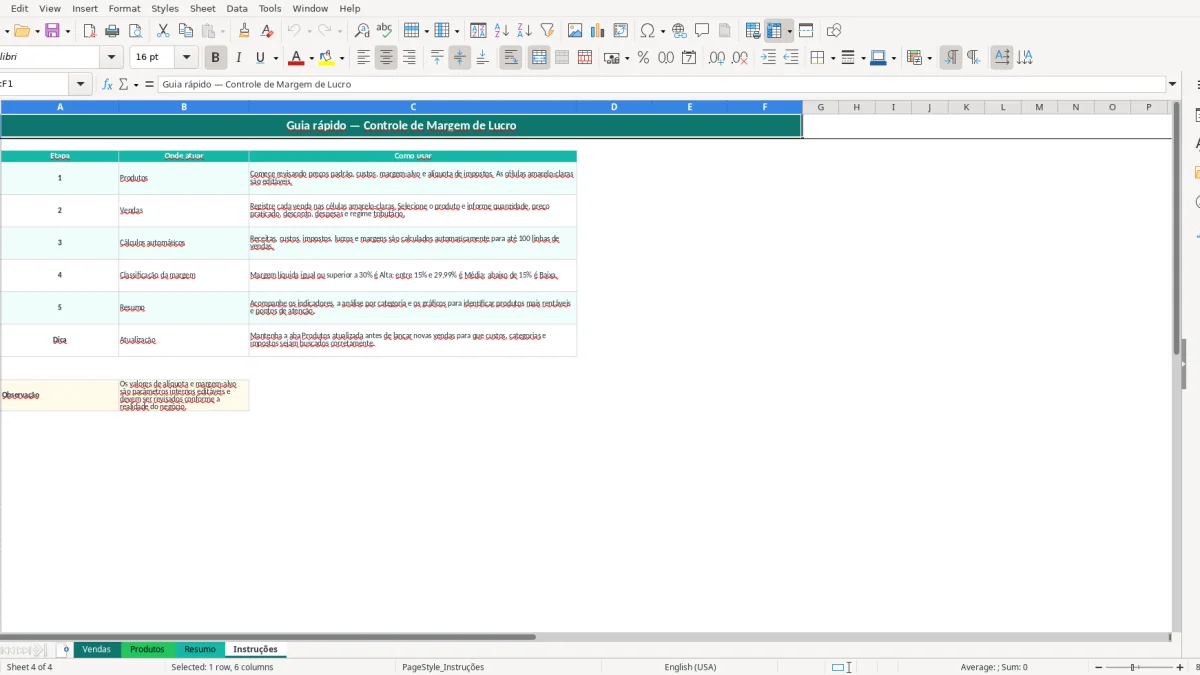 Screenshot 4: Instruções tab - Excel template margem de lucro