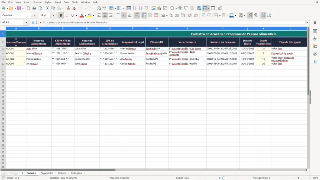 Cadastro – Planilha de Pensão Alimentícia no Excel