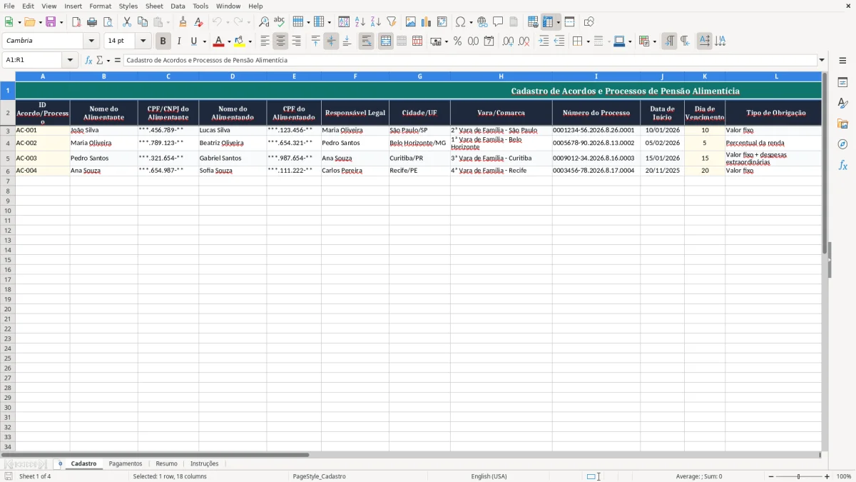 Captura 1: aba Cadastro - Planilha Excel pensao alimenticia
