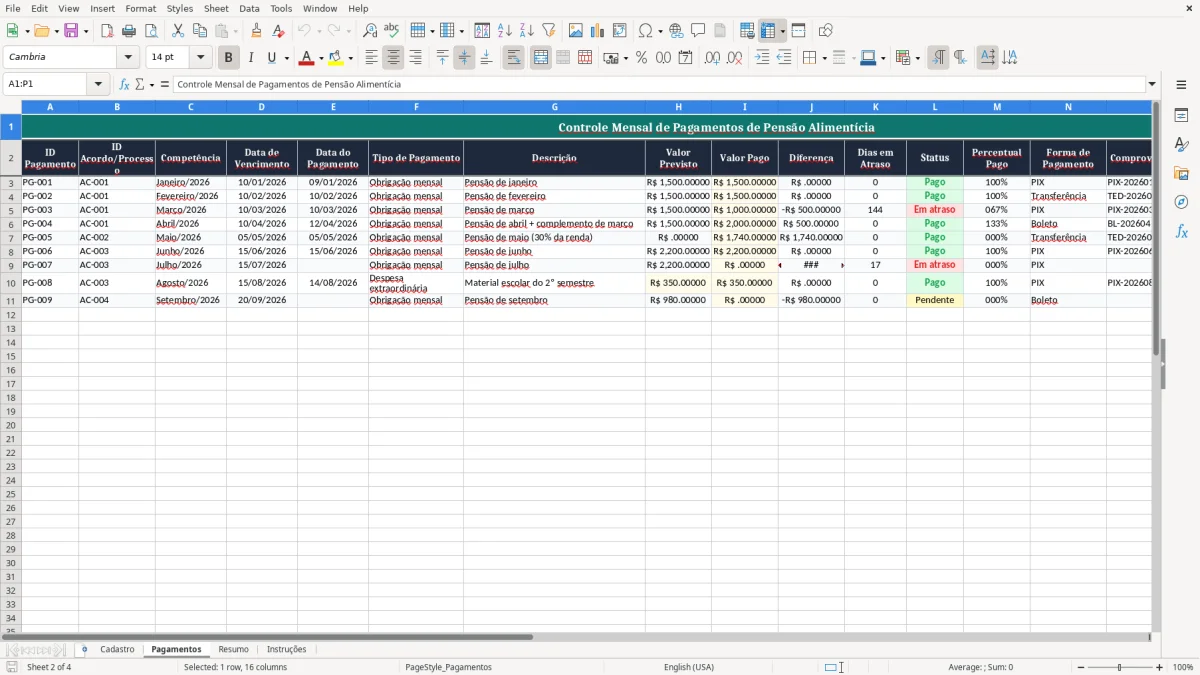 Captura 2: aba Pagamentos - Planilha Excel pensao alimenticia